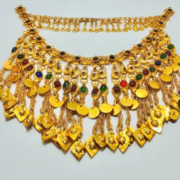 Golden Tone Choker Necklace With Long Dangling Tassels, Afghan Jewelry, Nomadic - Picture 4 of 13
